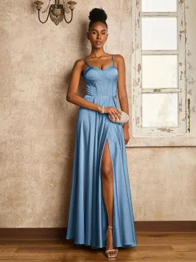 A-Linie Bodenlang Kleid mit Schnürung Schiefer Blau