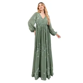 Maya Deluxe Women's Maxi Dress Ladies V-Neck Long Blouson Sleeve Sequin Embellished Empire A-line Wedding Guest Bridesmaid 