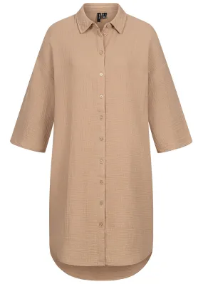 Vero Moda Damen Longform Hemd Bluse mit Knopfleiste und 1/2 Ärmeln nomad beige
